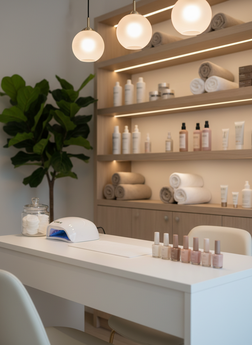 A tranquil nail and beauty corner within a salon and spa, showcasing a pristine white manicure table with a smooth matte surface, organized with an unused UV lamp, a glass jar of cotton pads, and a row of neutral-toned, unbranded nail polish bottles. Behind the table, built-in shelves display carefully arranged skincare products and rolled hand towels in soft beige and white. A large potted plant with broad green leaves adds a touch of natural freshness. Warm, diffused pendant lighting from above casts gentle highlights and soft shadows, creating a cozy yet refined atmosphere. Captured from an eye-level, three-quarter angle with a shallow depth of field, the focus remains on the organized workspace, conveying a professional, soothing, and hygienic environment in photographic realism.