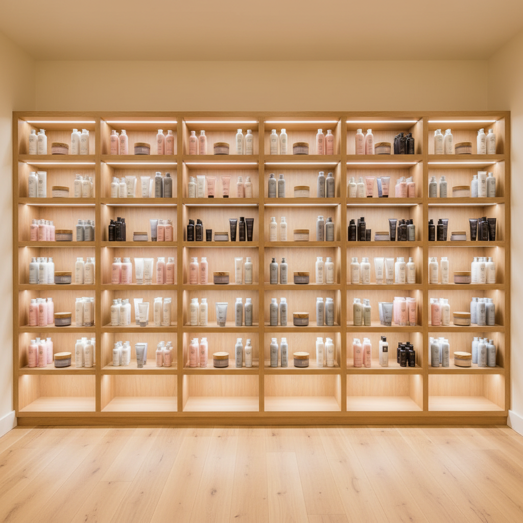 An elegant product display wall in a high-end salon and spa, featuring floor-to-ceiling light wood shelving filled with meticulously spaced, uniform bottles and jars in a cohesive palette of whites, soft grays, and muted blush tones. Each shelf is illuminated by subtle integrated LED strip lighting, creating a gentle glow that highlights the textures of frosted glass, glossy plastic, and brushed metal lids. The surrounding walls are painted in a warm, creamy white, and the floor is a pale oak that reflects the soft lighting. Photographed straight-on with sharp focus and balanced, symmetrical composition, the image feels organized and luxurious. The mood is calm, professional, and aspirational, emphasizing premium hair, beauty, and wellness products in clean, modern photographic realism.