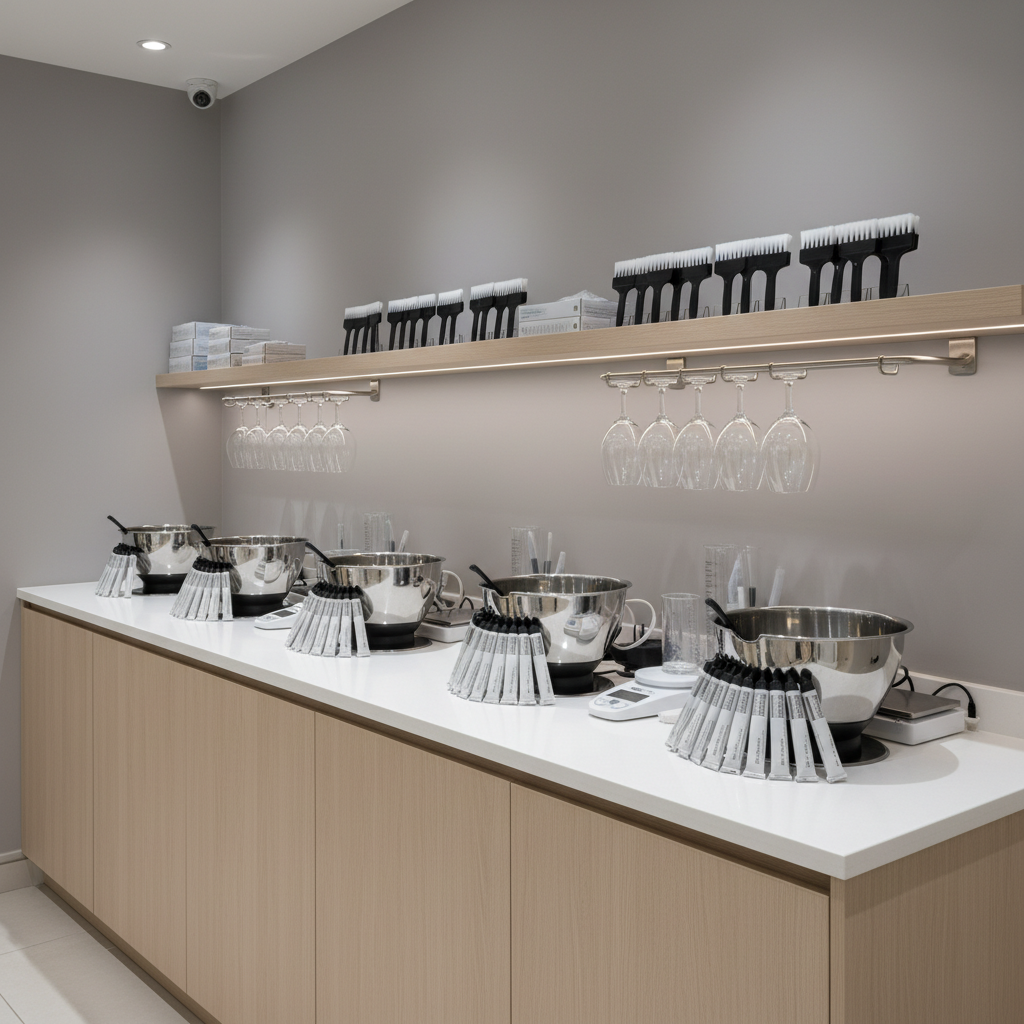 A stylish, dedicated hair color mixing bar within a salon, featuring a long, matte white counter with integrated stainless-steel bowls, neatly arranged color tubes with their labels turned away, and precise measuring tools. Beneath the counter, handleless light-wood cabinets provide sleek storage, while above, a narrow shelf holds clean tint brushes and gloves, all unused. The back wall is a smooth, soft gray, accented by a discrete rail with hanging mixing bowls. Bright, even task lighting from under-cabinet LEDs and overhead fixtures ensures clear visibility, casting crisp but subtle shadows. Photographed at a three-quarter angle with sharp focus and a clean, modern photographic realism style, the scene feels highly professional, organized, and technical, reflecting expert hair color services in a sophisticated environment.