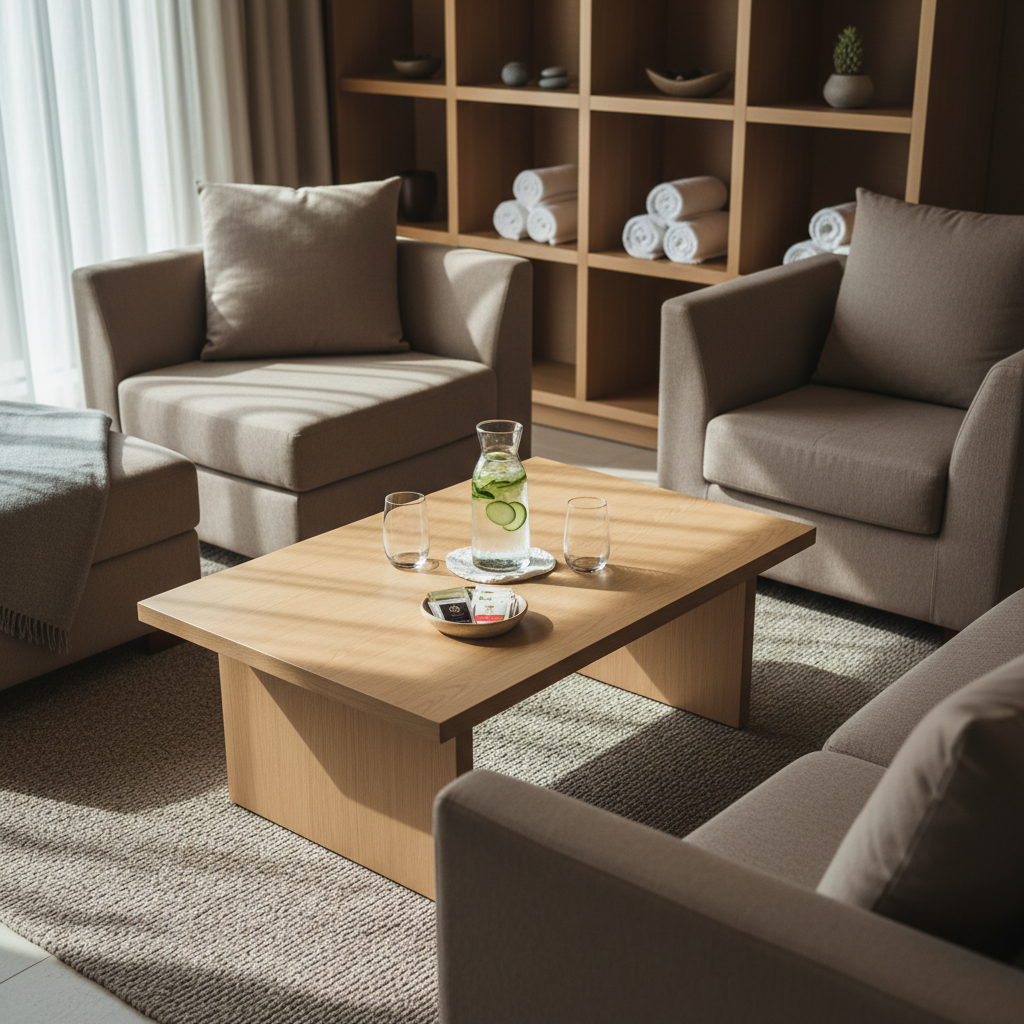 A cozy relaxation lounge adjacent to a spa area, centered on a low, light-wood coffee table holding a carafe of cucumber-infused water in clear glass, two matching tumblers, and a small ceramic dish of herbal tea sachets, all unused and perfectly arranged. The table rests on a textured neutral rug, surrounded by plush, cushion-filled lounge chairs upholstered in soft taupe fabric, unoccupied and inviting. In the background, a tall shelving unit holds rolled white towels and a few minimalist decor pieces. Warm ambient lighting from concealed ceiling fixtures combines with soft, indirect daylight, casting gentle, elongated shadows. Shot from a slightly elevated angle in photographic realism, the composition creates a serene, restorative mood, highlighting the wellness and comfort elements of a full-service salon and spa.