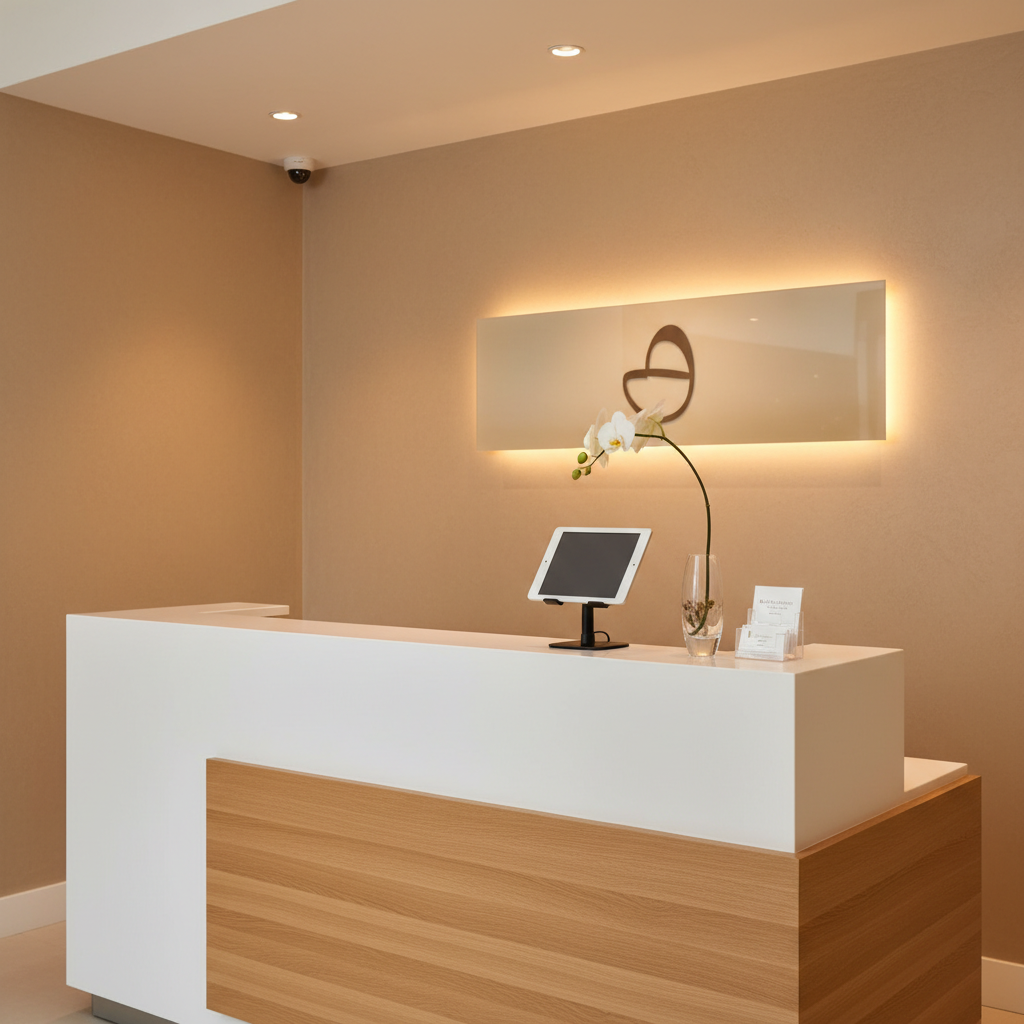 A refined retail checkout area in a salon and spa, highlighting a minimalist reception desk made of smooth white solid surface with a light oak front panel. On the counter sits a sleek, black tablet stand, a small crystal vase with a single white orchid stem, and a subtle, unbranded appointment card holder. Behind the desk, a softly illuminated wall features a simple metallic logo shape and a backlit panel in warm, neutral tones. The space is lit by overhead recessed lighting and a soft wash of indirect wall lighting, creating a warm, welcoming glow with gentle shadows. Captured from an eye-level, slightly off-center angle with photographic realism, the composition feels open, professional, and inviting, ideal as a hero image for a full-service salon and spa website.