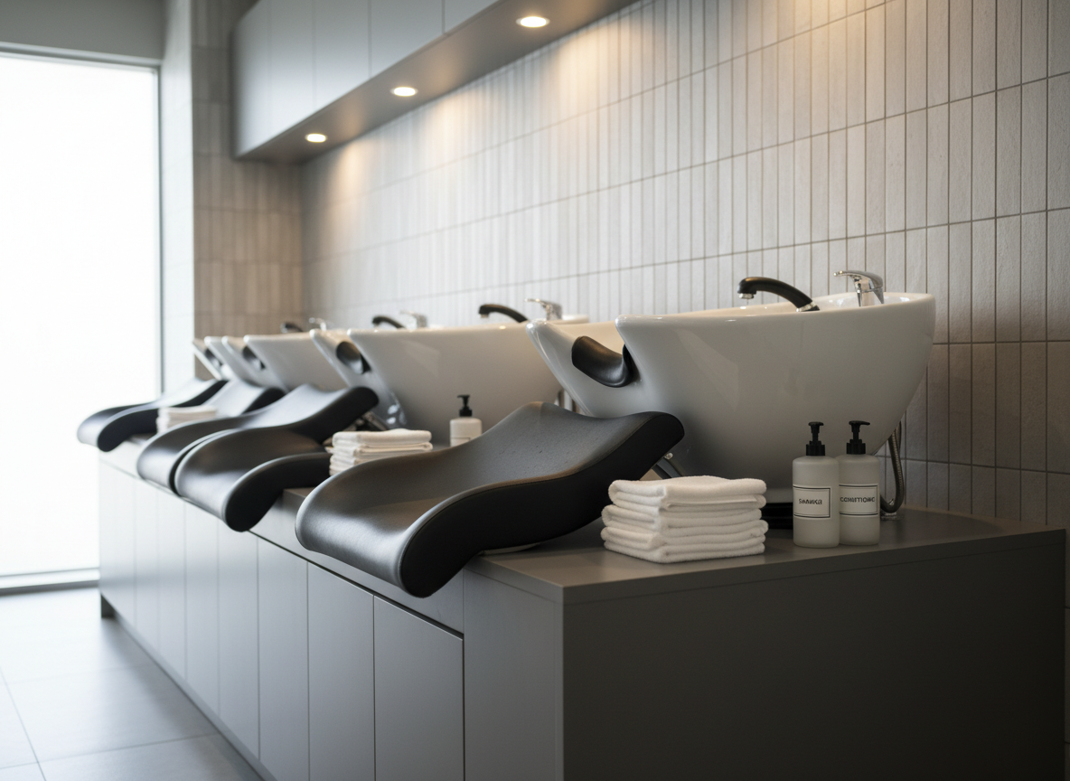 An inviting hair washing area in a modern salon, featuring a row of glossy white ceramic shampoo basins with black, ergonomic headrests, perfectly aligned against a textured light-gray tile wall. Below each basin, smooth charcoal cabinetry provides storage, topped with neatly folded stacks of plush white towels and discreet, uniform bottles of shampoo and conditioner. Soft, even overhead lighting blends with a hint of natural daylight from an unseen side window, creating gentle reflections on the ceramic and chrome fixtures. Photographed at a slight side angle with sharp focus throughout, the image emphasizes order, cleanliness, and comfort. The atmosphere is soothing and professional, rendered in photographic realism with a calm, spa-like aesthetic suitable for a full-service salon and spa brand.