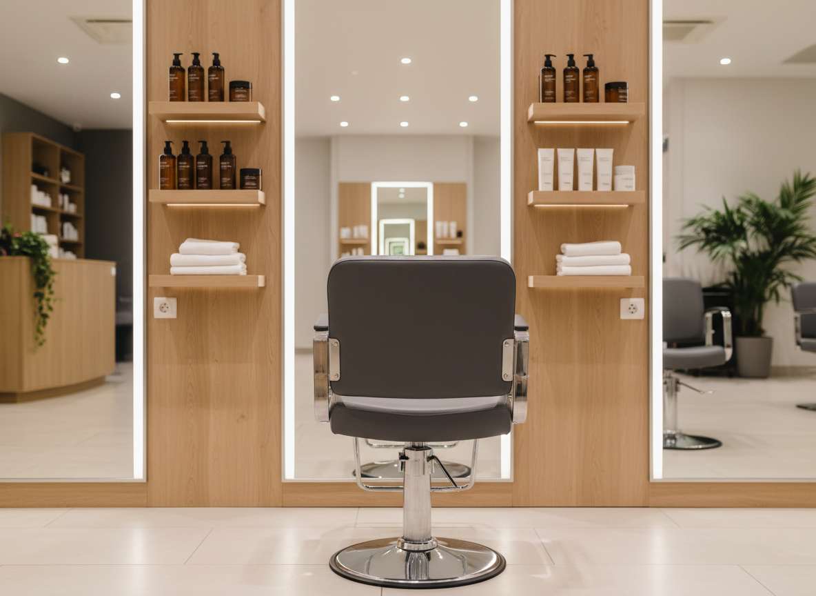 A luxurious salon styling station centered around an empty, high-end leather salon chair in soft charcoal gray, with sleek chrome armrests and a polished hydraulic base. The chair faces a frameless, full-height mirror mounted on a light oak wall with integrated shelving displaying neatly arranged hair care products and folded white towels. Warm, diffused overhead lighting and subtle LED strip lighting around the mirror create a soft glow and gentle reflections, emphasizing cleanliness and professionalism. Photographed at eye level with a shallow depth of field, the foreground chair in sharp focus and the background softly blurred. The mood is calm, welcoming, and upscale, with a clean, modern, photographic realism aesthetic suited to a professional full-service salon and spa.
