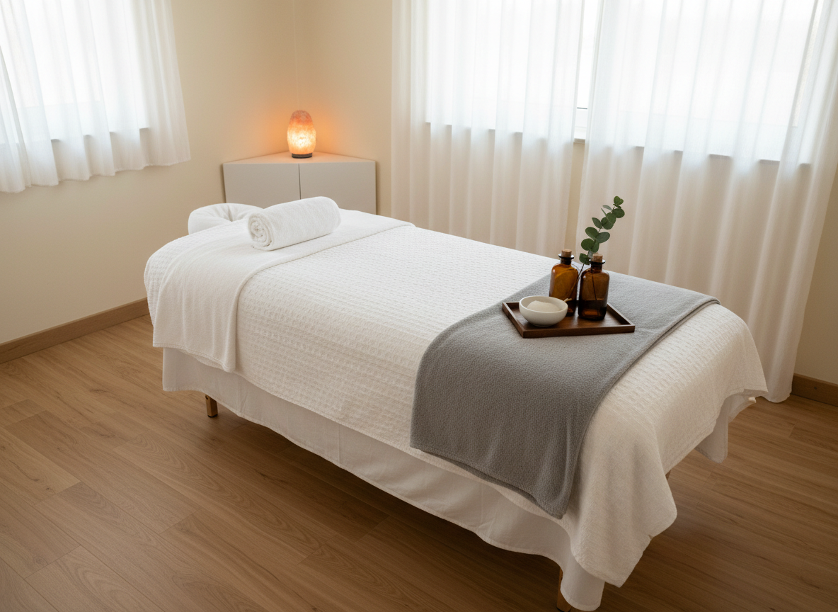 A serene spa treatment room featuring a neatly made massage table draped in crisp white linens and a soft dove-gray blanket folded at the foot. A rolled white towel rests at the head, beside a small tray with amber glass bottles, a ceramic bowl, and a single eucalyptus branch. The room has pale, warm-toned walls and a light wood floor, with a minimalist cabinet and softly glowing Himalayan salt lamp in the corner. Gentle, diffused natural light filters through sheer curtains, creating subtle shadows and a tranquil atmosphere. Captured from a slightly elevated corner angle with balanced composition and photographic realism, the scene feels peaceful, hygienic, and inviting, ideal for showcasing spa and wellness services in a professional setting.
