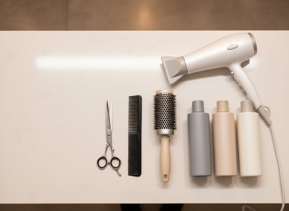 A close-up, overhead photographic view of a polished white quartz salon counter carefully arranged with premium hair care and styling tools, all unused and immaculate. A set of stainless steel shears, a matte black comb, a round ceramic brush with natural bristles, and a sleek digital hairdryer with a satin finish are precisely positioned beside minimalist, label-free bottles in soft neutral tones. The background counter surface reflects a soft sheen under warm, indirect studio lighting, with faint, gentle shadows adding depth. The composition follows the rule of thirds, with negative space on one side to keep the image clean and modern. The overall mood is professional, meticulous, and trustworthy, visually reinforcing the expertise and attention to detail of a high-end salon.
